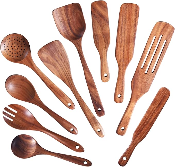 Wooden Spoons for Cooking,GUDAMAYE 10 PCS Wooden Kitchen Utensils Set,Wooden Cooking Utensils For Non-stick Pan,Teak Wood Utensils Set,Spurtles Kitchen Tools As Seen On Tv-Ruum Studio Home