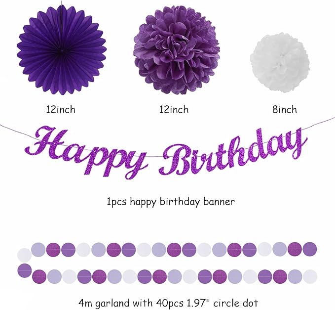 Purple White Birthday Party-Decorations Paper-Flowers - 14pcs Happy Banner Lavender Lanterns Tissue Pom Poms,Lilac Streamers Garland Fans,Women Girls Adult Kids Office Hanging Supplies Decor Hugfond-Ruum Studio Home