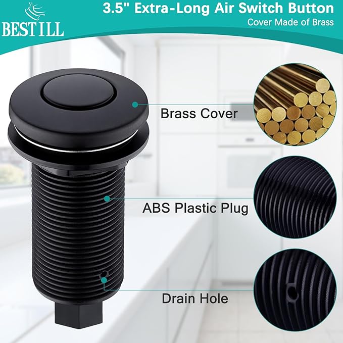BESTILL Garbage Disposal Sink Top Air Switch Kit with Single Outlet, Matte Black 3.6" Long Push Button with Brass Cover, UL Listed, Compatible with all Garbage Disposals-Ruum Studio Home