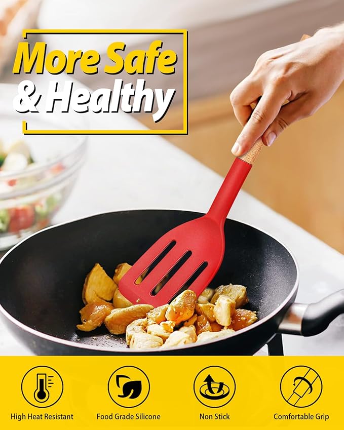 Pack of 2 Silicone Cooking Spatula, Heat Resistant Solid Turner, Non Stick Slotted Spatulas with Wooden Handle,Ideal Wood Kitchen Utensils Set for Frying, Baking, Flipping, Turning (RED)-Ruum Studio Home