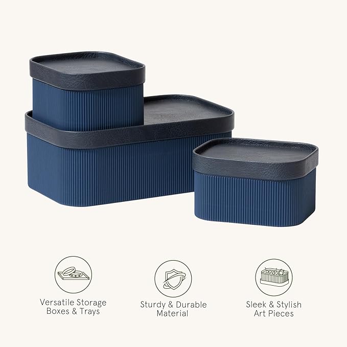 La Jolie Maison Fluted Cardboard Storage Baskets with Vegan Leather Lids, Sturdy Stackable Paper Boxes Decorative Tray, Basket Organizer Bins for Bathroom Bedroom Organizing, Navy Blue, Set of 3-Ruum Studio Home