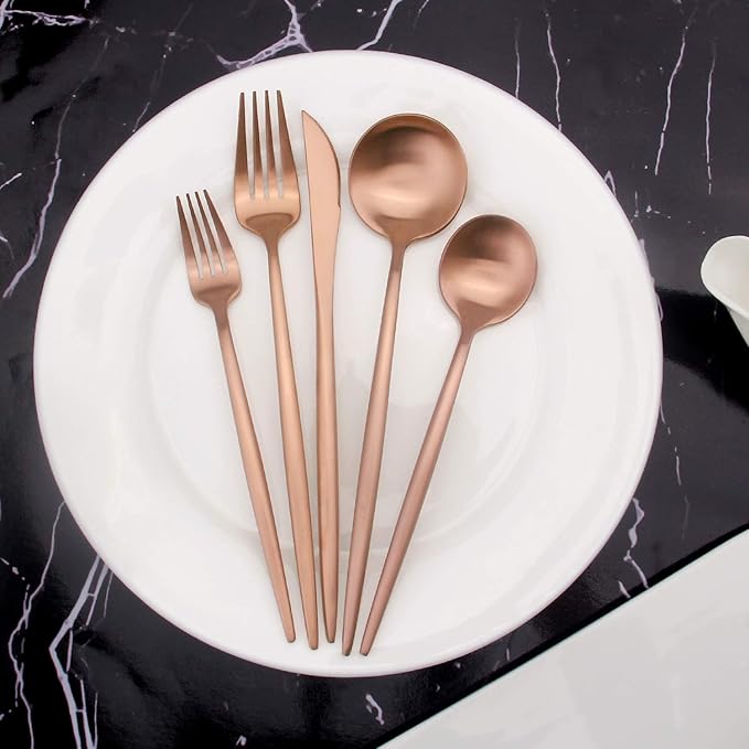 Matte Rosegold Silverware Set, Vanys 20 Piece Stainless Steel Cutlery Flatware Set, Kitchen Utensil Sets for 4, Tableware With Knife Spoons And Forks Set, Satin Finished Polished-Ruum Studio Home