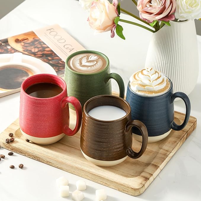 Hasense 15 Ounce Porcelain Coffee Mugs Set of 4 with Large Handle Perfect for Coffee, Tea, Milk, Chocolate and Latte, Unqiue Glaze Ceramic Coffee Cups Set for Man and Woman, Colorful-Ruum Studio Home