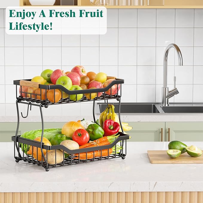 Giwil 2 Tier Countertop Fruit Basket for Kitchen, Vegetable Storage Bread Fruit Bowl Stand with 2 Banana Hangers, Wall Mounted Metal Wire Basket Organizer for Potato Onion, Black-Ruum Studio Home