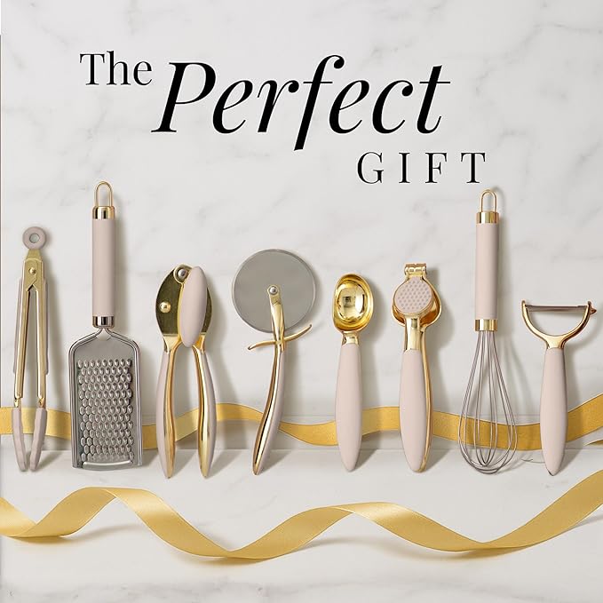 Gold and Beige Kitchen Utensils Set – 8 PC Cooking Gadgets with Mini Gold Whisk and Tongs, Pizza Cutter, Garlic Press, Cheese Grater, Peeler, Can Opener, Scoops – Stylish Beige Kitchen Accessories-Ruum Studio Home