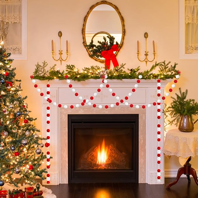 Jishi 3-Pack Pom Pom Garland Red and White Felt Ball Ornament Garland Christmas Decorations, Cute Pompom Strings for Christmas Tree Decor, Xmas Holiday Party, Birthday Banner - 6.6 Feet Long, 24 Balls-Ruum Studio Home