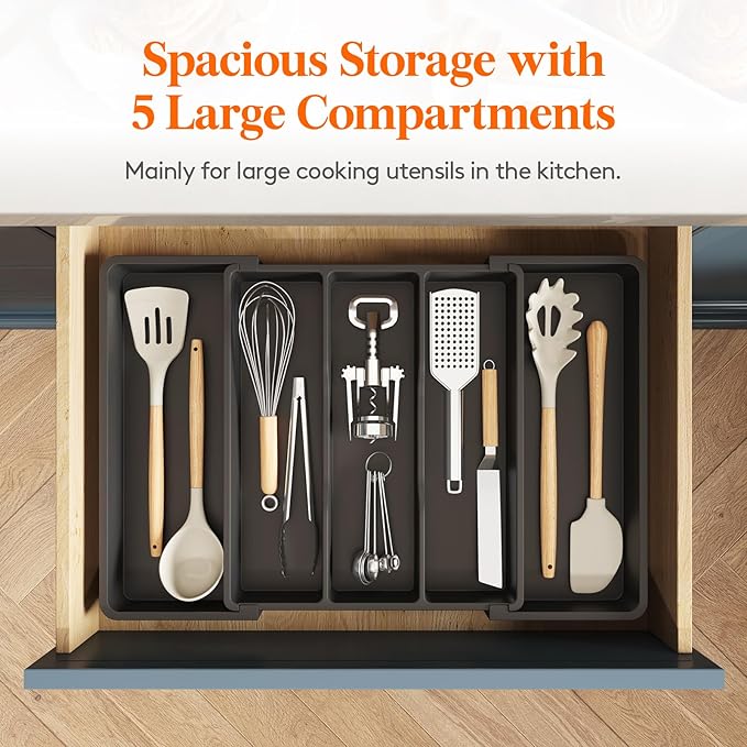 Lifewit Utensil Organizer for Kitchen Drawers, Expandable Cooking Utensil Tray, Adjustable Cutlery Silverware Flatware Holder, Plastic Kitchen Spatula Tools and Gadgets Storage Divider, Large, Black-Ruum Studio Home