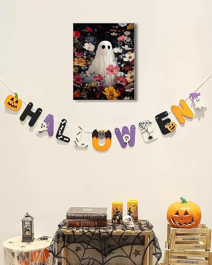 Halloween Canvas Wall Art,Vintage Cute Ghost & Wildflowers Framed Poster, Spooky Fall Decorations for Indoor, Gothic Dark Academia Wall Decor, Funny Halloween Decorations for Living Room Bedroom-Ruum Studio Home