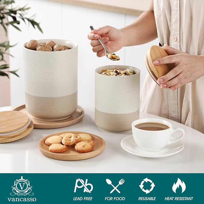 vancasso Sabine Ceramic Canister Set with Airtight Wood Lids - 3-Piece Kitchen Storage for Flour, Sugar, Coffee, Tea & Spices - Modern Countertop Decor-Ruum Studio Home