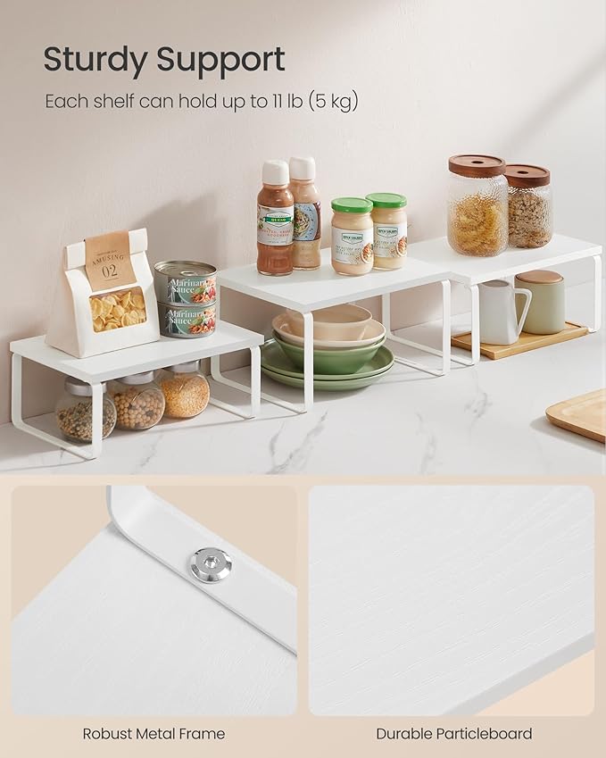 SONGMICS Cabinet Organizer Shelf, Set of 3 Kitchen Counter Shelves, Kitchen Storage, Spice Rack, Stackable, Expandable, Snow White and Matte White UKCS220W01-Ruum Studio Home