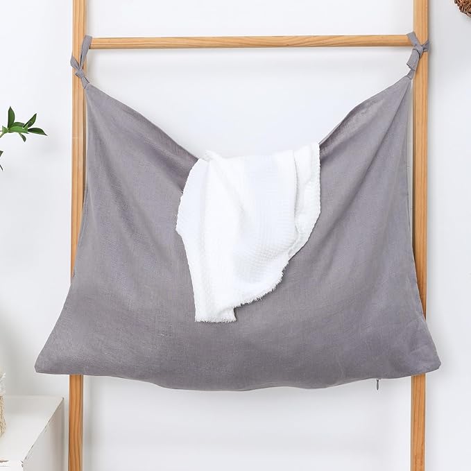 Hanging Linen Laundry Bag, 100% Pure Flax Linen Over The Door Hamper with Bottom Zipper for Laundry Room, Household Dirty Cloth Storage Organizer Bag, Gray-Ruum Studio Home