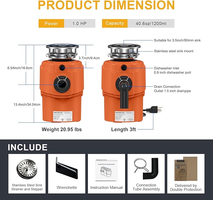 Garbage Disposal 1 HP Ultra Quiet Intelligent Auto-Reverse Function Continuous Feed Food Waste Disposer with Power Cord Easy install, AC Motor Stainless Steel Grind 1 Horsepower (MAX-6)-Ruum Studio Home
