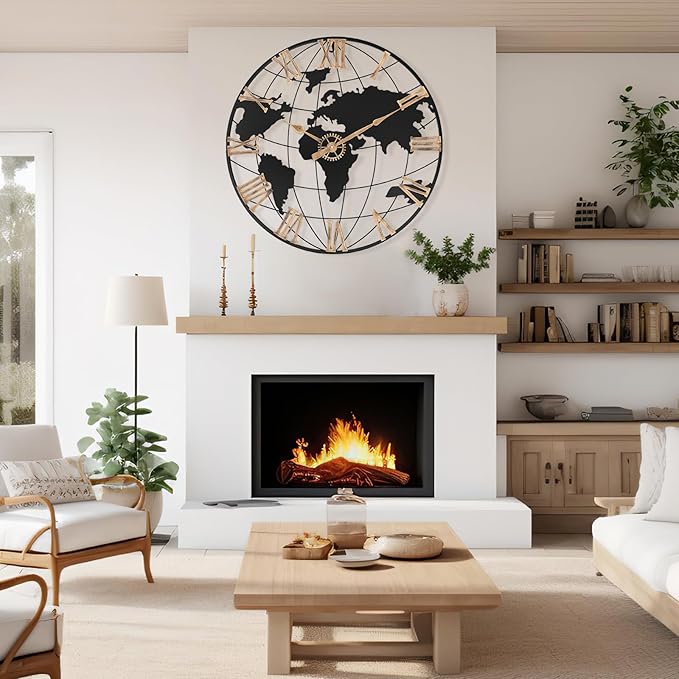 24 Inch Large Wall Clock for Living Room Decor,Big Modern Decorative Silent World Map Metal Wall Clock with Vintage Gold Roman Numeral for Office,Living Room,Kitchen,Dining Room