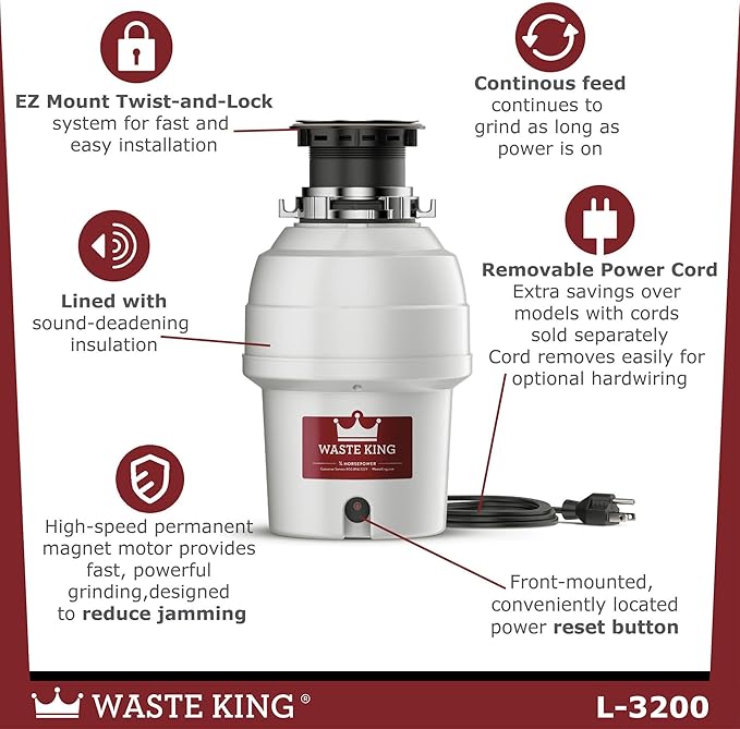 Waste King Garbage Disposal for Kitchen Sink with Power Cord, Food Waste Disposer, L-3200-Ruum Studio Home