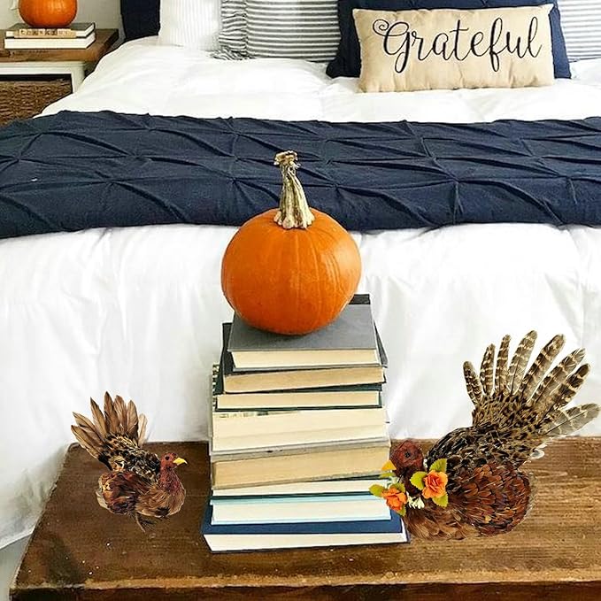 naturevibe 10/6.5 Inches Feathered Turkey Decorations Set of 2,Realistic Mom n Baby Turkey Figurines with Real Feathers for Thanksgiving Decorations,Decorative Farm Animals as Fall Decor for Home-Ruum Studio Home