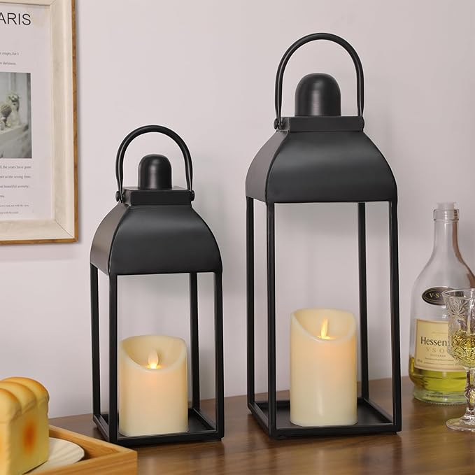 Lanterns Decorative Outdoor Indoor, Black Metal Outdoor Lanterns, 17'' 13'' Set of 2 Modern Farmhouse Candle Lantern Halloween Lanterns Centerpieces for Home, Wedding, Patio, Porch, Mantel-Ruum Studio Home
