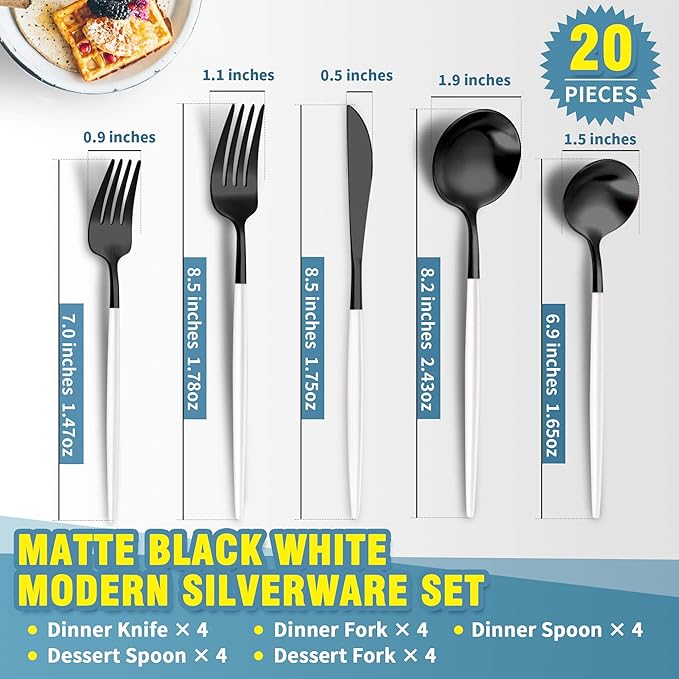 Matte Black White Silverware Set for 4,Modern Stainless Steel Brushed Cutlery Set,20-Pieces Heavy Duty Flatware Set,Knives Spoons and Forks Set Utensils Set, Satin Finish, Dishwasher Safe-Ruum Studio Home