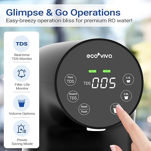 Ecoviva Countertop Reverse Osmosis System RO Water Filter, 5-Stage Filtration, Real-time TDS Monitor, 3:1 Pure to Drain, No Installation Portable Water Purifier-Black-Ruum Studio Home