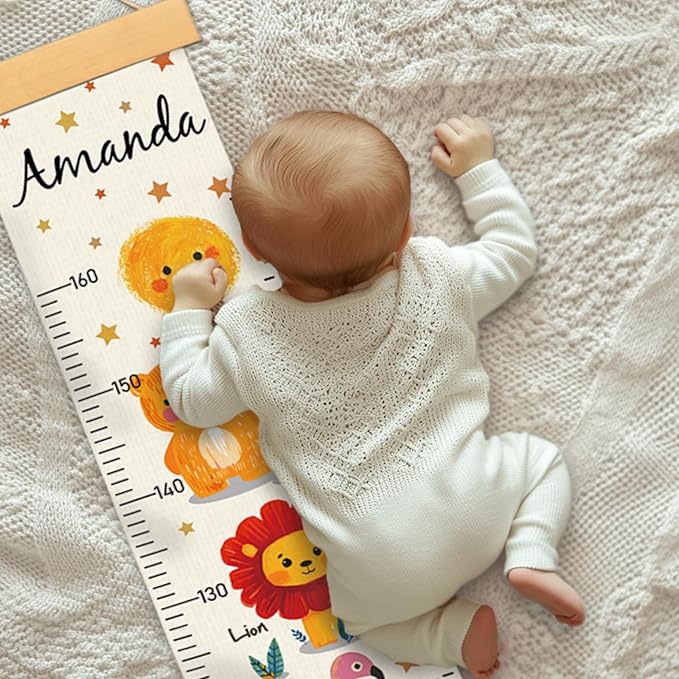 Personalized Name Growth Chart Wall Decor for Kids – Canvas Removable Height Chart Measuring Ruler 59" x 7.9" (Animals)-Ruum Studio Home