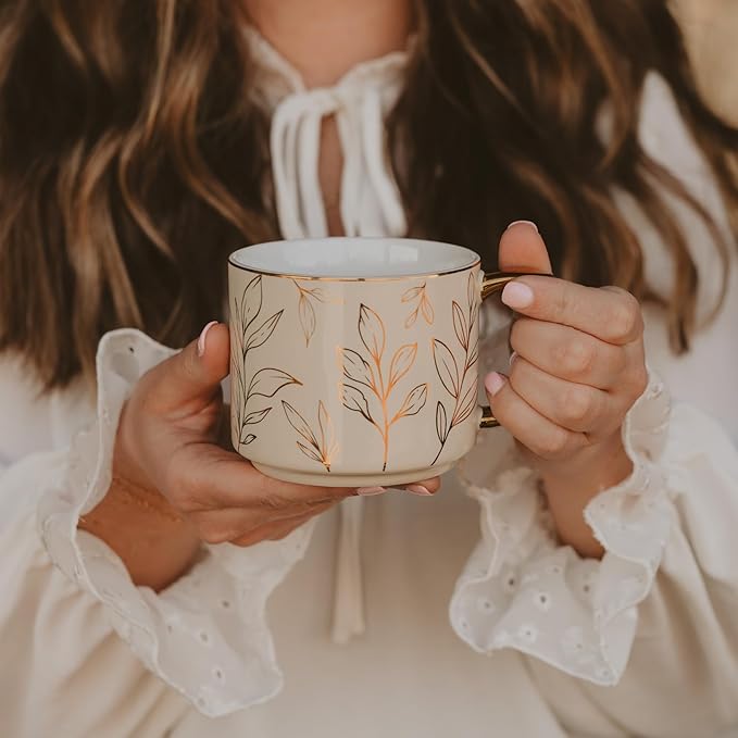 Sweet Water Decor Gold Leaves Mug with Gold Handle, 14oz Fine Bone China Coffee Cup for Tea, Latte, or Hot Cider, Autumn Leaf Drinkware, Fall Decorations for Kitchen, Gift for Mom, Sister & Wife-Ruum Studio Home