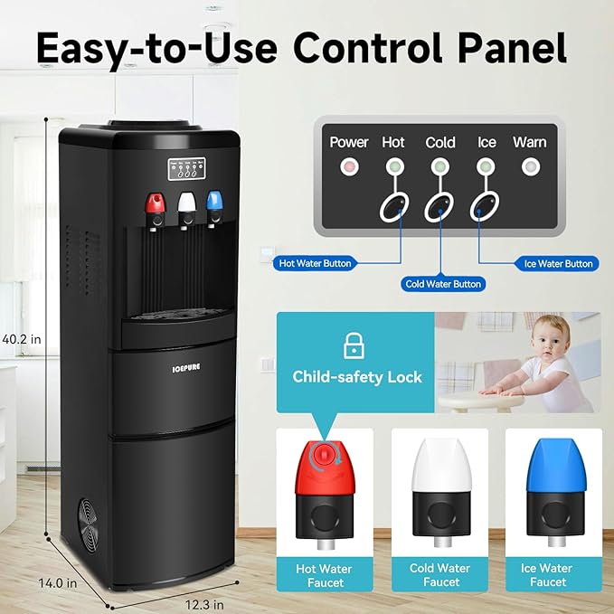 ICEPURE Water Dispenser with Ice Maker, 3-in-1 Hot and Cold Water Cooler with Built-in Bullet Ice Maker Machine, 26.5lbs/24H, Top Loading for 3-5 Gallon Bottle, Child Safety Lock, Black-Ruum Studio Home