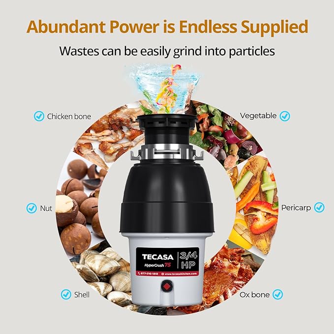 3/4 HP Corded Garbage Disposal for Kitchen Sinks, TECASA Continuous Feed Food Waste Disposer, Sound Reduction, Power Cord Included, Grey and Black - HyperCrush 75-Ruum Studio Home