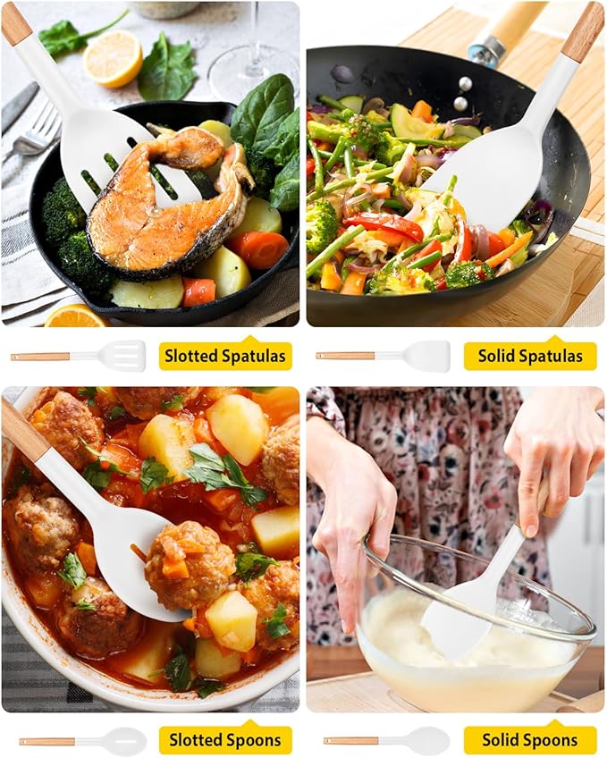 Pack of 4 Silicone Cooking Utensils Set, Non Stick Solid Spatulas and Heat Resistant Slotted Spoons with Wooden Handle, Ideal Wood Kitchen Utensils Set for Frying,Serving,Turning,Stirring (WHITE)-Ruum Studio Home