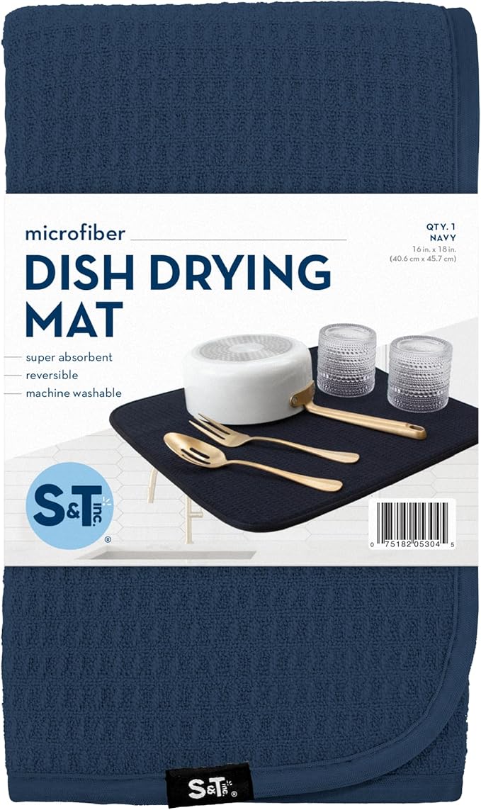 S&T INC. Dish Drying Mat, 16” x 18”, Absorbent Microfiber Kitchen Counter Mat, Dish Drying Pad for Dishes, Utensils, Pots and Pans, Large, Navy-Ruum Studio Home