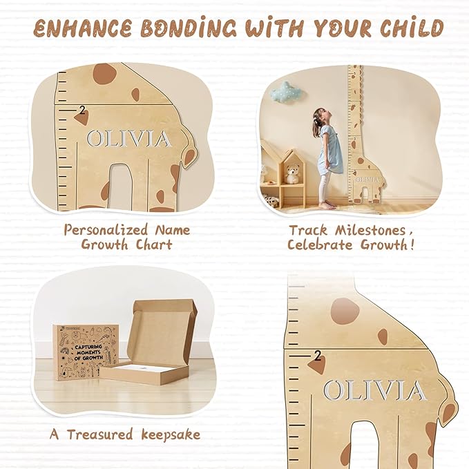 Personalized Name Kids Growth Chart for Wall, Cute Giraffe Wooden Growth Chart Kids Height Chart, Wall Measurement for Kids, Height Chart for Wall, Growth Ruler for Children-Ruum Studio Home