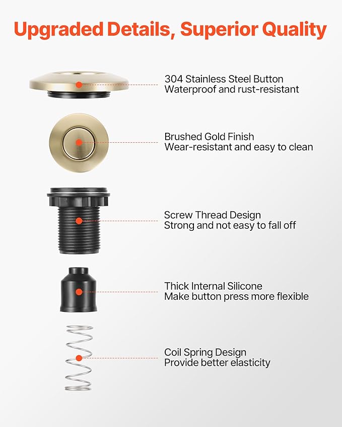 VEVOR Garbage Disposal Air Switch Kit, 2.5" Sink Top Air Switch for Food Waste Disposal, Brushed Gold Stainless Steel ON/OFF Air Button for Waste Disposer - Suitable for Stainless Steel Countertops-Ruum Studio Home