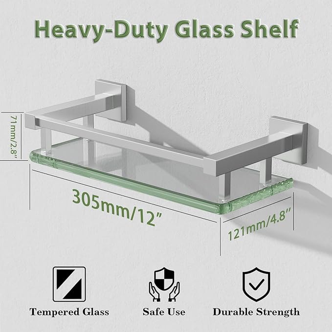 Alise Glass Shelves for Bathroom Wall, Tempered Glass Bathroom Shelf Wall Mounted, Modern Space Saving Floating Shelves 12 inch, Brushed Nickel-Ruum Studio Home