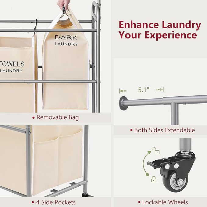 Tajsoon Laundry Hamper with Hanging Rack, Laundry Sorter 4 Sections, 4 Basket Butler with Lockable Wheels and Removable Bag, Rolling Laundry Cart for Bedroom, Beige-Ruum Studio Home