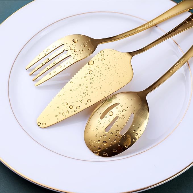 Gold Serving Utensils, OGORI 10-Piece Polished Stainless Steel Gold Serving Utensils Set Include Serving Spoons, Slotted Serving Spoon, Serving Tongs, Serving Fork, Salad Fork, Soup Ladle, Pie Server-Ruum Studio Home