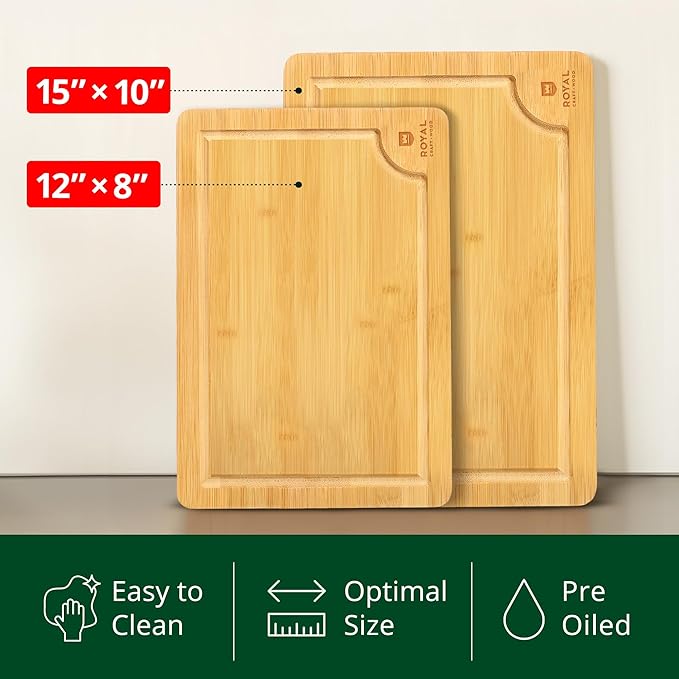 Chopping Board Set of 2 - Wooden Cutting Boards for Kitchen Meal Prep & Serving - Bamboo Wood Cutting Board Set - Charcuterie & Chopping Butcher Block for Meat - Kitchen Gadgets Gift-Ruum Studio Home