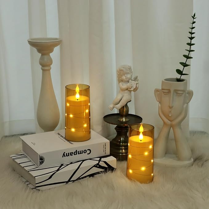 Aignis Flickering Flameless Candles Battery Operated Candles LED Candles with Remote Timer for Home/Wedding/Birthday/Holiday Decor ,Brown 3D Flame Set of 2 (D3 xH6 6")