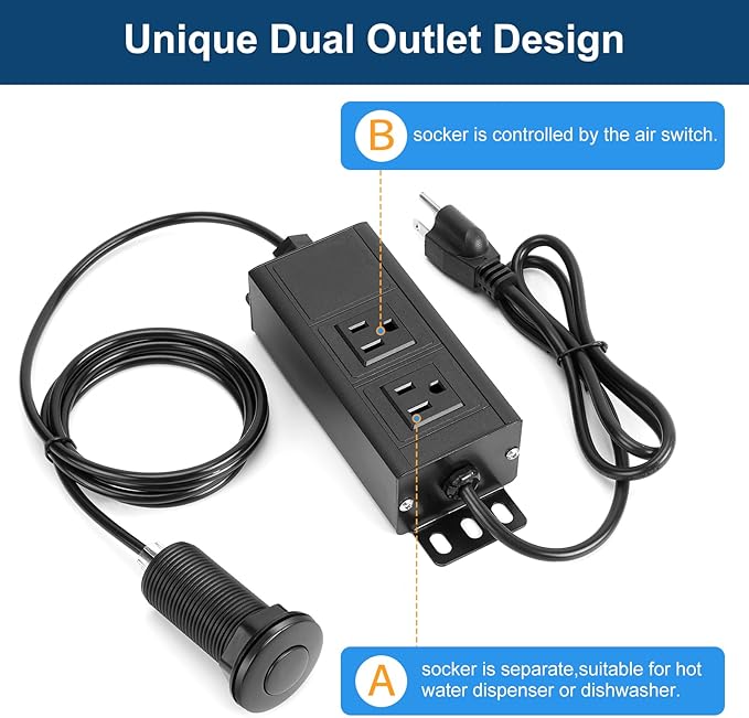 Dual Outlet Garbage Disposal Air Switch Kit, UL Listed Sink Top Air Switch for Food Waste Disposal, 3.58” Extra Long Air Button, Black Stainless Steel-Ruum Studio Home