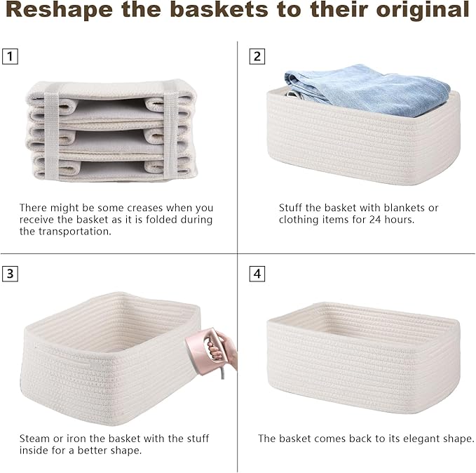 3 Pack Small Storage Baskets for Organizing, Cute Woven Decorative Gift Baskets for Shelves, Mini Closet Organizer Bins with Handles-13''Lx8.66''Wx5.11''H-White-Ruum Studio Home