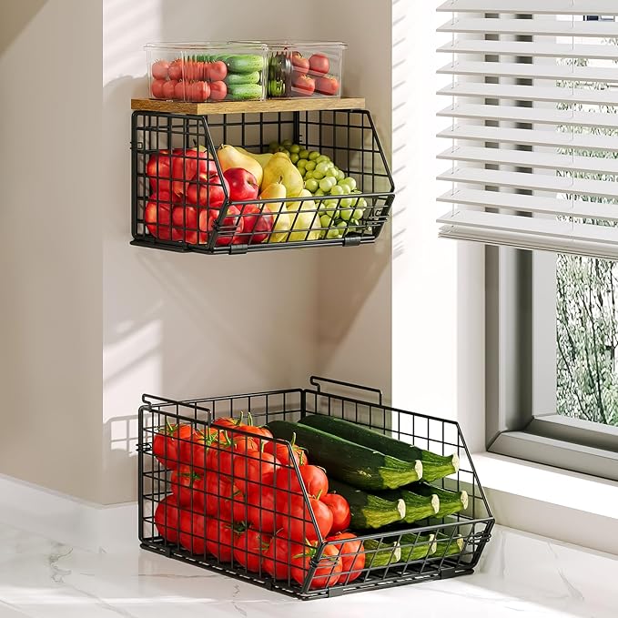 X-cosrack 2-Tier Stackable Wire Baskets for with Wood Lid, Wall Hanging Baskets for Potato and Onion Storage, Fruit Basket for Kitchen Counter, Metal Baskets for Snack Produce Cans-Ruum Studio Home