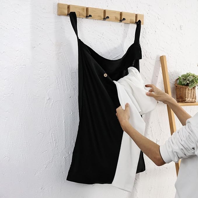 Linen Hanging Laundry Bag, 100% Linen Over The Door Laundry Hamper with Buttons and Zipper, Space Saving Door Hampers for Laundry Dirty Clothes Home Travel, Black-Ruum Studio Home