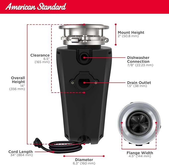 American Standard 10-US-AS-7-SL Garbage Disposal Anti-Jam Stainless Steel Food Waste Grinding System, Slim Line, 3/4 HP, Black-Ruum Studio Home