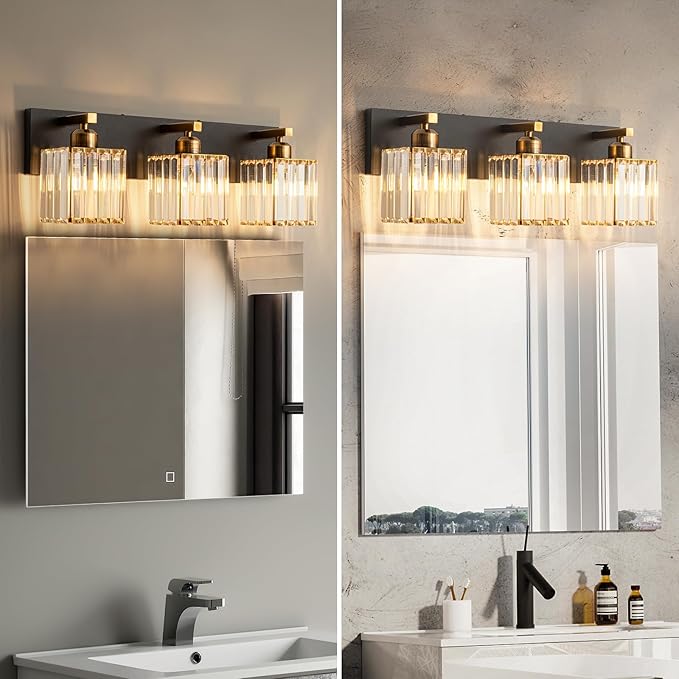 Modern Bathroom Vanity Light 3-Lights Black Gold Crystal Bathroom Wall Light Vanity Light Fixtures,20.47-inch Modern Minimalist Design