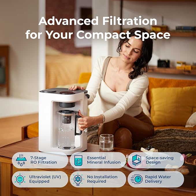 Bluevua RO100ROPOT-Lite(UV) Reverse Osmosis System Countertop Water Filter, 7-Stage Purification with UV and Remineralization, TDS & Filter Life Monitoring, Portable Water Purifier, White-Ruum Studio Home