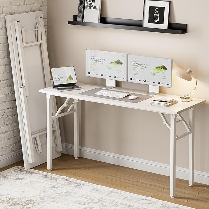 Frylr Small Folding Computer Desk β Portable 55.1 Inch Foldable Laptop Table, Collapsible and Compact for Easy Storage and Fast Setup, Lightweight for Small Spaces, Craft and Study Use, White