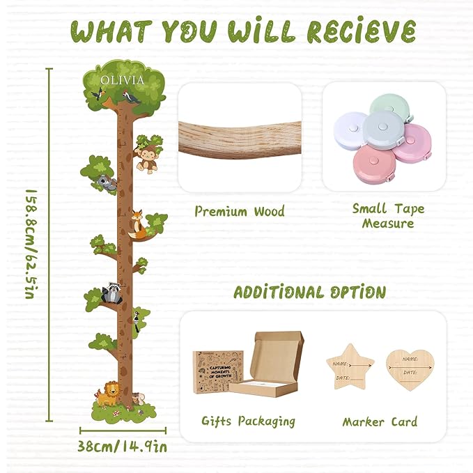 Wooden Surfboard Wall Decor Growth Chart,Tree Art Decor for Kids Room, Wood Tree Kids Sizing Chart, Height Board Cute Decor, Nursery Growth Chart Ruler Measuring Board for Boys Girls-Ruum Studio Home