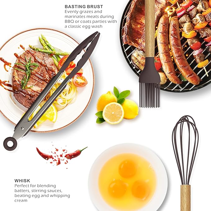 Silicone Cooking Utensils Set - 446°F Heat Resistant Silicone Kitchen Utensils for Cooking,Kitchen Utensil Spatula Set w Wooden Handles and Holder for Non-Stick Cookware, BPA FREE (Coffee)-Ruum Studio Home