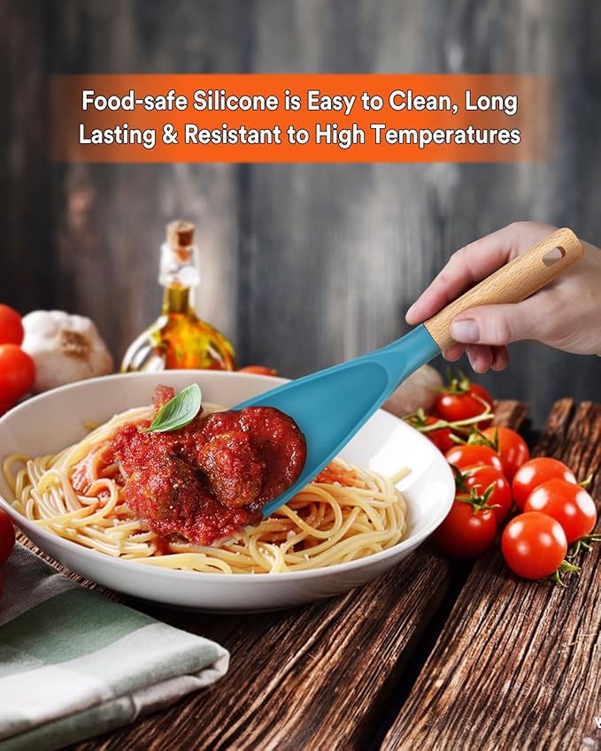 Cooking Spoon for Nonstick Cookwares, Great for Cooking and Serving Sturdy BPA-Free Matte Silicone, Wood Handle Spoon for Mixing, Scoop, and Scrape (Khaki & Turquoise, 11.4 inch)-Ruum Studio Home