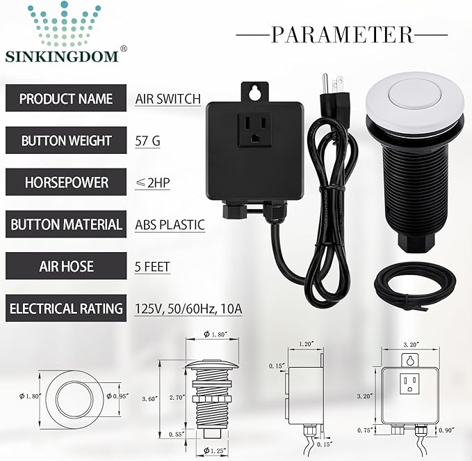 Garbage Disposal SinkTop Air Switch Kit,White with Long Button,Brass Made Cover,White-Ruum Studio Home
