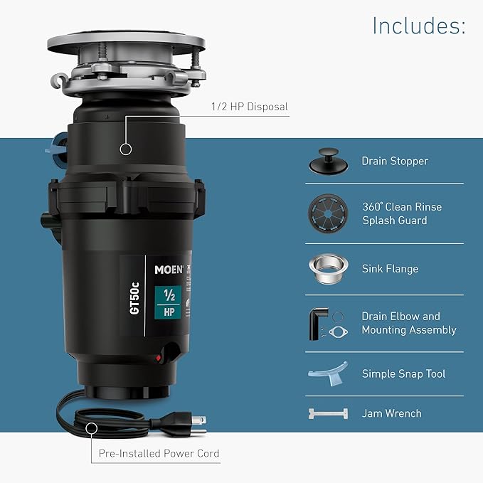 Moen Prep Series Disposer 1/2 Horsepower Continuous Feed Garbage Disposal featuring Fast Track Technology, Power Cord Included, GT50C-Ruum Studio Home