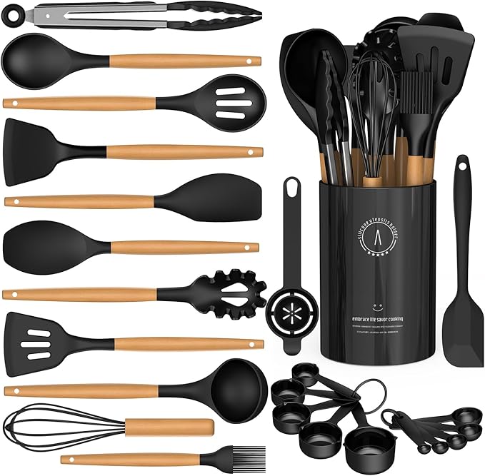 Silicone Cooking Utensils Set - Silicone Kitchen Utensils for Cooking Wooden Handles, 446°F Heat Resistant Kitchen Utensil Spatula Sets w Holder, Gadgets for Non-Stick Cookware BPA FREE (Black)-Ruum Studio Home