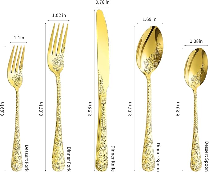 Floral 40 Pcs Gold Silverware Set for 8, Food Grade Stainless Steel Flatware Set with Rose Flower Embossed Design, Eating Utensils Sets Include Fork/Knife/Spoon, Reusable Cutlery Set, Dishwasher Safe-Ruum Studio Home